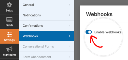 Step 4b — Navigation to the webhook settings in WP Forms