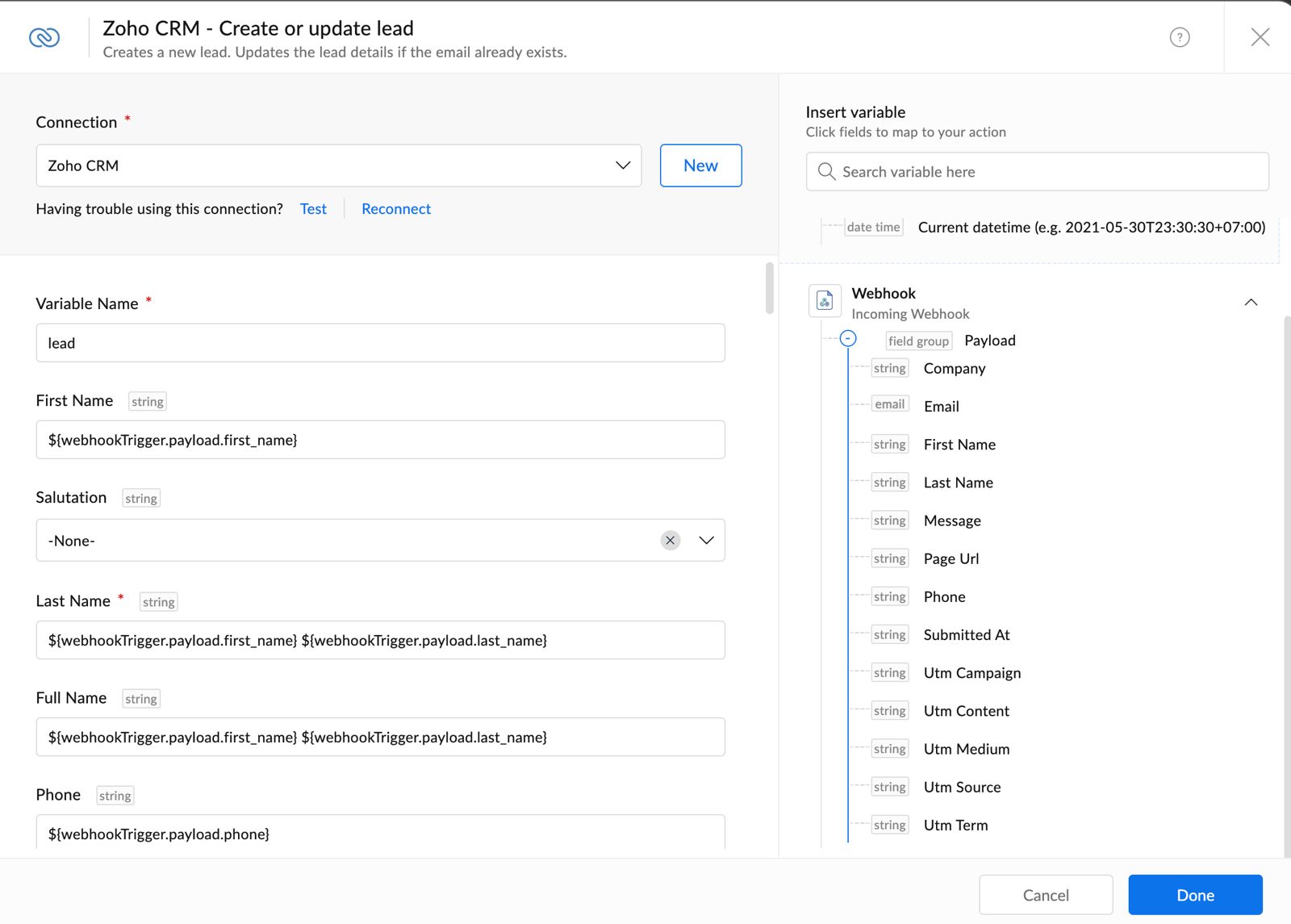 Step 6b — Map the fields to Zoho CRM